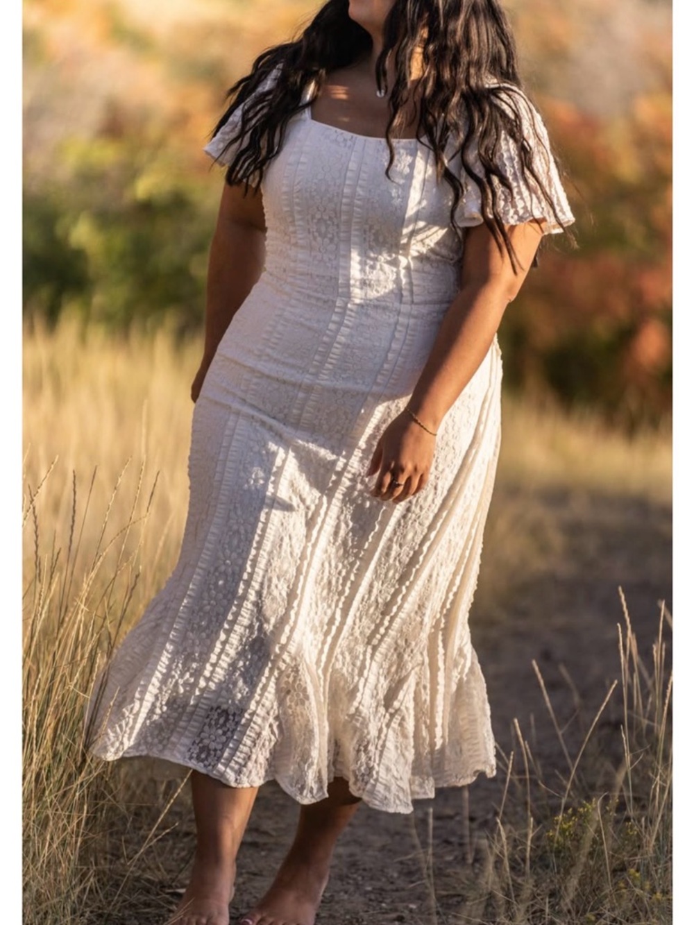 Mia Eliza Elegant White Lace Midi Dress with Flutter Sleeves